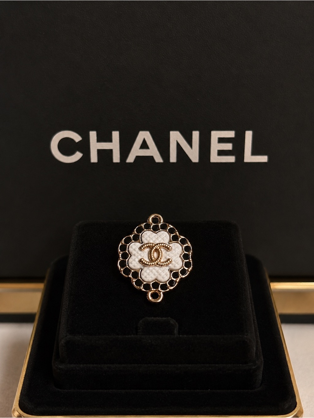 CHANEL stamped White and Gold Camellia CC pendant connector